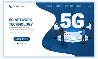 5G ağ teknolojisi konsepti. İnternet sistemleri telekomünikasyon servisi. Yüksek hızlı kablosuz bağlantı 5g kullanan karakterler. Düz vektör illüstrasyonu