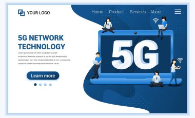 5G ağ teknolojisi konsepti. İnternet sistemleri telekomünikasyon servisi. Yüksek hızlı kablosuz bağlantı kullanan insanlar dizüstü bilgisayar ve akıllı telefondan 5G kullanıyorlar. Düz vektör illüstrasyonu