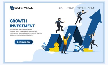 Modern düz web sitesi yatırım tasarımı konsepti, iş adamları işlerini büyütür, finansal kazançlarını arttırır. Düz iniş sayfası şablonu. vektör illüstrasyonu