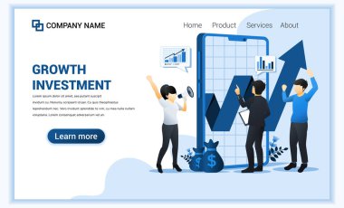 Modern düz web sitesi yatırım tasarımı konsepti, iş adamları işlerini büyütür, finansal kazançlarını arttırır. Düz iniş sayfası şablonu. vektör illüstrasyonu