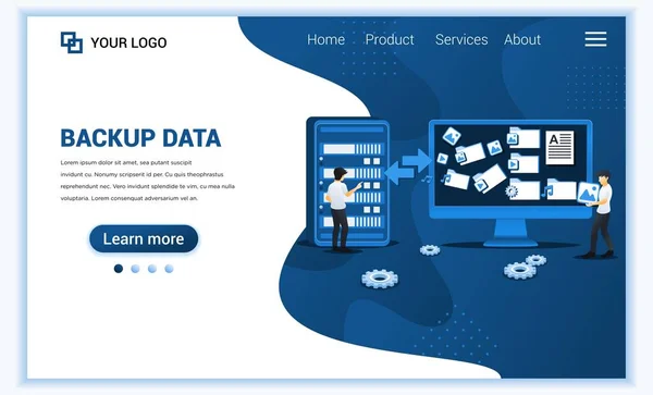 バックアップデータの概念は 画面上で作業している人々とファイルやファイル転送プロセスをコピーします Webバナー ランディングページ インフォグラフィック Webテンプレートに使用できます 平面ベクトル図 — ストックベクタ