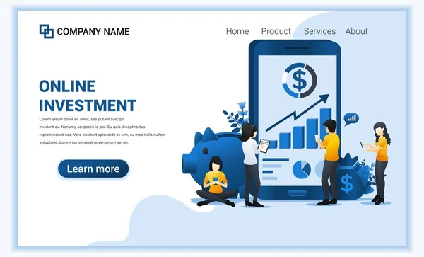 Çevrimiçi yatırım kavramı ile insanlar cep telefonu, iş yatırımı, finans teknolojisi üzerinde çalışıyorlar. Web pankartı, bilgi grafikleri, iniş sayfası, web şablonu için kullanılabilir. Düz vektör illüstrasyonu