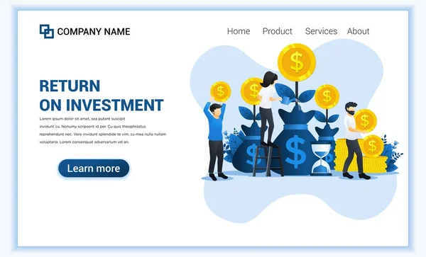 İnsanlarla para yatırımı konsepti madeni para, kar geliri, yatırımların telif hakları büyütür. Web pankartı, bilgi grafikleri, iniş sayfası, web şablonu için kullanılabilir. Modern düz vektör illüstrasyonu