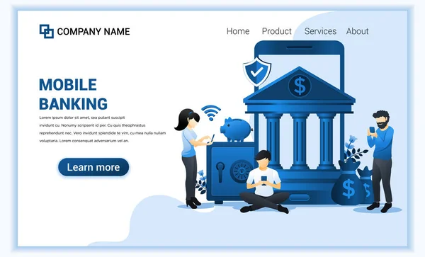 Modern Düz Web Sitesi Tasarım Konsepti Mobil Bankacılık Çevrimiçi Finansal — Stok Vektör
