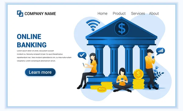 オンライン銀行 オンライン金融投資の近代的なフラットウェブページのデザインコンセプト フラットランディングページテンプレート ベクターイラスト — ストックベクタ