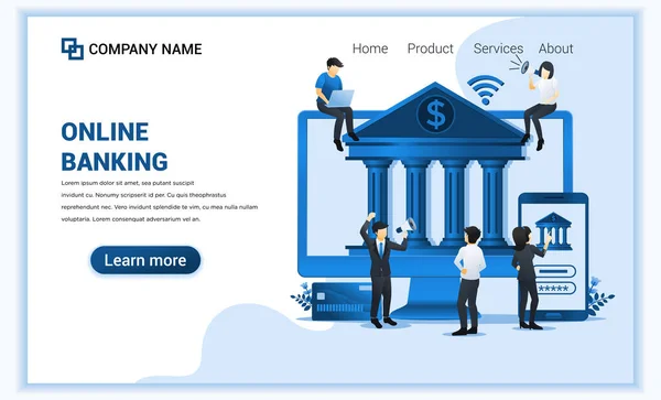 オンライン銀行 オンライン金融投資の近代的なフラットウェブページのデザインコンセプト フラットランディングページテンプレート ベクターイラスト — ストックベクタ