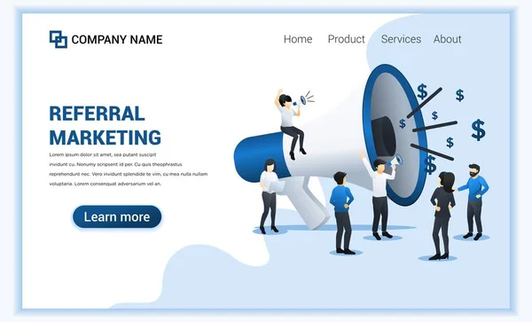 Referans pazarlama konsepti, bir grup insanın yönlendirme programı için büyük megafonla bağırması. İniş sayfası, web pankartı, web şablonu için kullanılabilir. Vektör illüstrasyonu