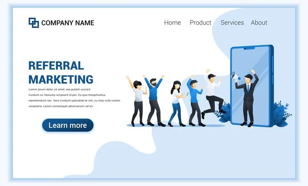 İş adamlarıyla yönlendirilmiş pazarlama kavramı tanıtım programı için megafonla bağırıyor. İniş sayfası, web pankartı, web şablonu için kullanılabilir. Vektör illüstrasyonu
