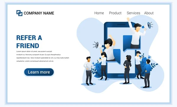 Akıllı telefondan bir erkek ve kadının arkadaşlık kavramına atıfta bulunup yönlendirme programı için megafondan bağırıyorlar. İniş sayfası, web pankartı, web şablonu için kullanılabilir. Vektör illüstrasyonu