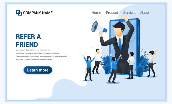 İş adamı olan bir arkadaş kavramını referans programı için megafonla bağır. İniş sayfası, web pankartı, bilgi grafikleri, web şablonu için kullanılabilir. Vektör illüstrasyonu