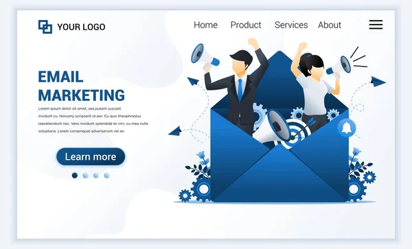 Landing Page Template Van Mail Marketing Diensten Met Zakenman Schreeuwen — Stockvector