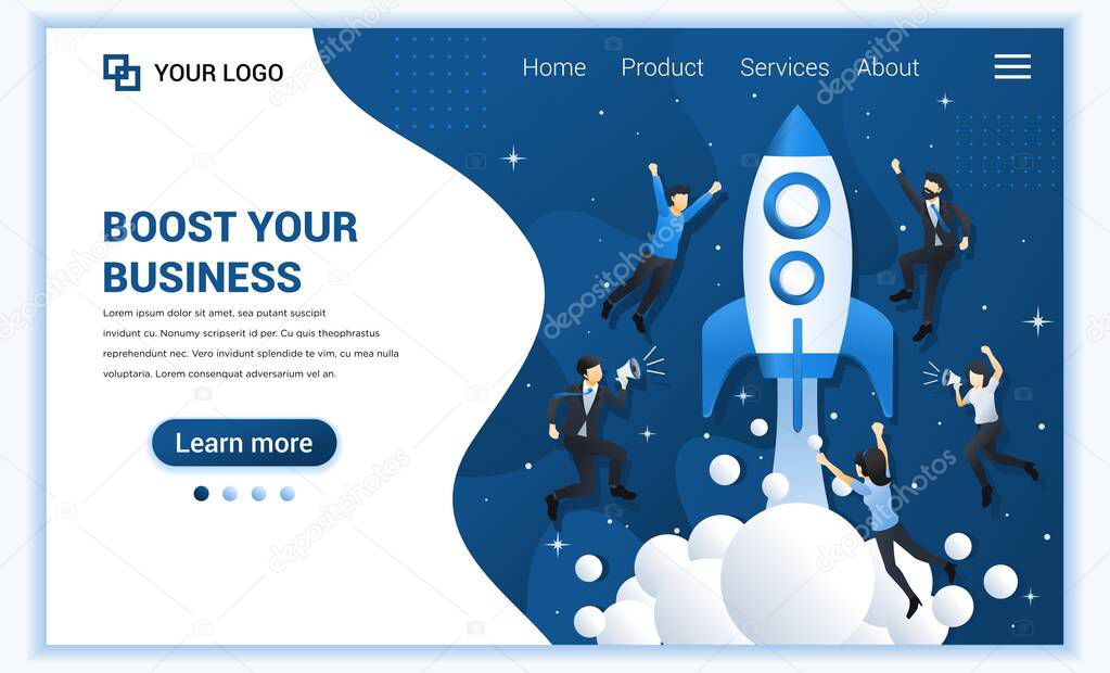 Business start up concept with people flying with a rocket launch to the space. Can use for web banner, infographics, landing page, web template. Vector illustration