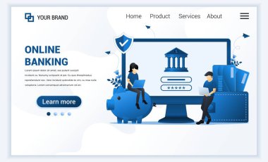 Çevrimiçi bankacılığın vektör illüstrasyonu, online finansal yatırım konsepti. Web sitesi ve mobil web sitesi için modern düz web sayfası iniş şablonu tasarımı. düz çizgi film biçimi