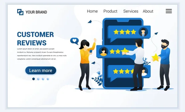 Müşteri değerlendirmeleri, yıldız değerlendirmesi, geri bildirim, memnuniyet ve değerlendirme yapan insanlar. Web sitesi ve mobil web sitesi için modern düz iniş sayfası şablonu tasarımı. Vektör illüstrasyonu