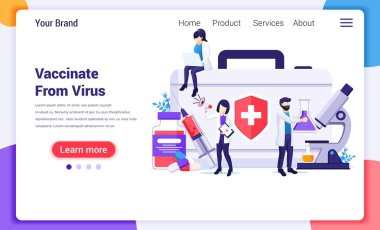 Aşı konsepti, Corona virüsünün tedavisi, aşı zamanı, şırıngalı doktorlar, aşı şişesi. Web sitesi ve mobil web sitesi geliştirme için modern düz web sayfası tasarımı. Vektör illüstrasyonu