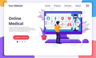 Çevrimiçi tıbbi teşhis konsepti, çevrimiçi sağlık yardımı. Modern düz web iniş sayfası şablonu. Vektör illüstrasyonu
