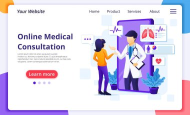 Çevrimiçi tıbbi danışmanlık konsepti, çevrimiçi sağlık yardımı. Modern düz web iniş sayfası şablonu. Vektör illüstrasyonu