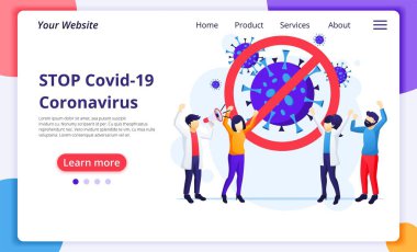 İnsanlar Covid-19 Corona virüsünü durdurur, virüsleri tedavi eder. Modern düz web iniş sayfası şablonu. Vektör illüstrasyonu
