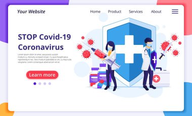 İnsanlar virüsle savaşıyor, doktor ve hemşire Covid-19 Corona virüsü kavramına karşı savaşıyor. Modern düz web iniş sayfası şablonu. Vektör illüstrasyonu