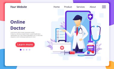 Çevrimiçi doktor konsepti, çevrimiçi sağlık hizmeti desteği. Modern düz web iniş sayfası şablonu. Vektör illüstrasyonu