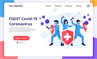 Doktor ve hemşireler Covid-19 Corona virüsü kavramına karşı savaşıyor. Modern düz web iniş sayfası şablonu. Vektör illüstrasyonu