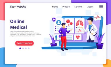 Çevrimiçi tıbbi teşhis konsepti, çevrimiçi sağlık yardımı. Modern düz web iniş sayfası şablonu. Vektör illüstrasyonu