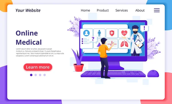 在线医疗诊断概念 在线医疗援助 现代平面网页登陆页面设计模板 矢量说明 — 图库矢量图片