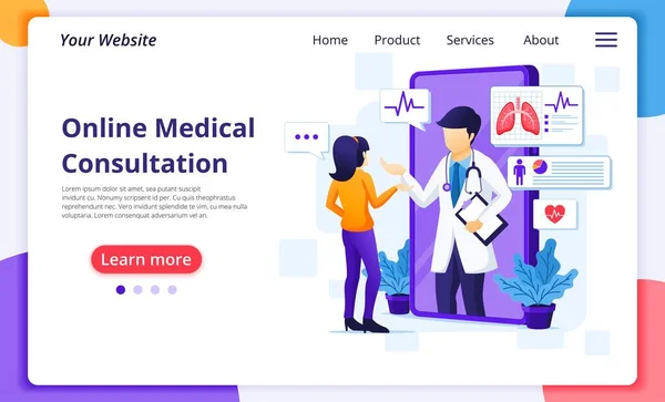 Çevrimiçi tıbbi danışmanlık konsepti, çevrimiçi sağlık yardımı. Modern düz web iniş sayfası şablonu. Vektör illüstrasyonu