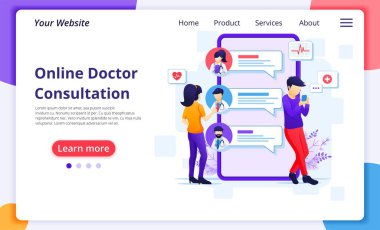 Çevrimiçi doktor danışma konsepti, çevrimiçi sağlık yardımı. Modern düz web iniş sayfası şablonu. Vektör illüstrasyonu