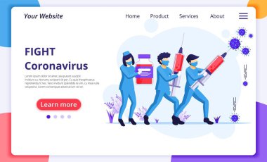 Doktor ve hemşireler virüs hücrelerini dezenfekte etmek için Covid-19 Coronavirus kavramına karşı savaşıyorlar. Modern düz web iniş sayfası şablonu. Vektör illüstrasyonu