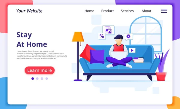 Робота Домашньою Концепцією Людина Яка Сидить Дивані Допомогою Ноутбука Залишається — стоковий вектор