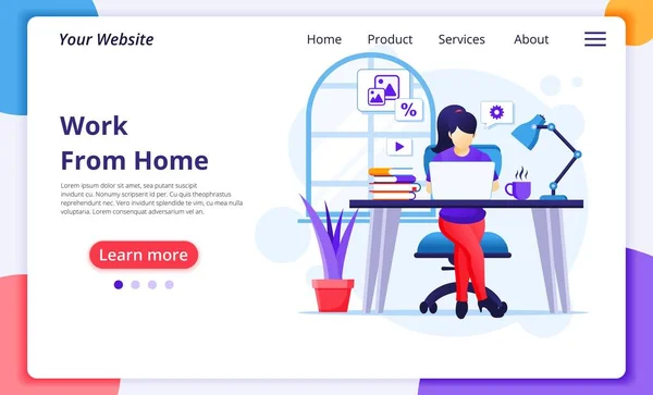 从家里开始工作的概念 一个女人坐在办公桌前 在笔记本电脑上工作 呆在家里 在科罗纳威斯流行病期间对她进行检疫 现代平面网页登陆页面设计模板 矢量说明 — 图库矢量图片