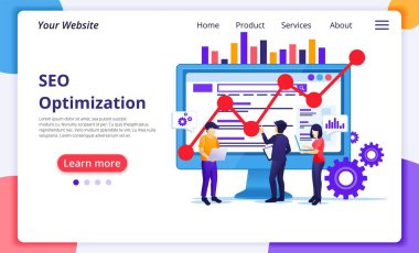 İnsanların ekranda çalıştığı SEO Analiz konsepti. Arama motoru optimizasyonu, pazarlama ve stratejileri. Web sitesi ve mobil web sitesi geliştirme için modern düz web sayfası tasarımı. Vektör illüstrasyonu