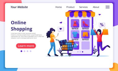 İnternetten alışveriş konsepti. Çevrimiçi başvuru mağazasından ürün alan mutlu genç kadınlar. Web sitesi ve mobil web sitesi geliştirme için modern düz web sayfası tasarımı. Vektör illüstrasyonu