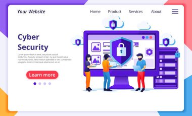 Siber güvenlik kavramı, insanlar verileri ve gizliliği korumak için ekranda çalışıyor. Web sitesi ve mobil web sitesi geliştirme için modern düz web sayfası tasarımı. Vektör illüstrasyonu