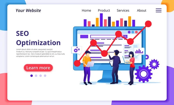 Seo Analyse Concept Met Mensen Werken Het Scherm Zoekmachine Optimalisatie — Stockvector