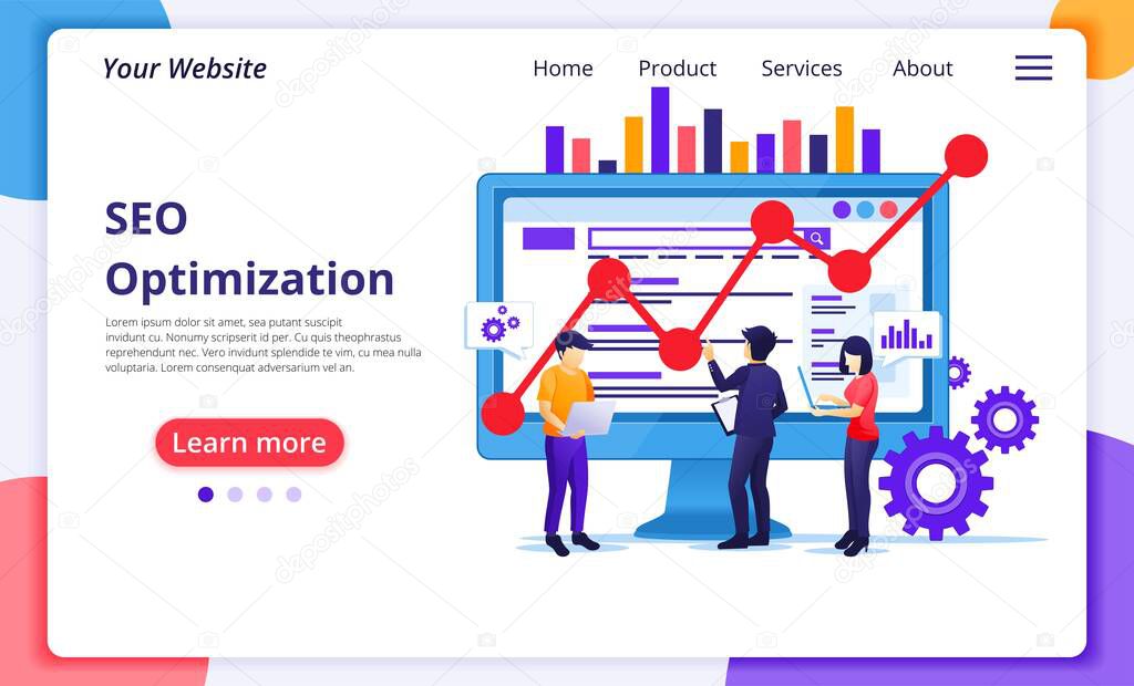 SEO Analysis concept with people work on screen. Search engine optimization, marketing and strategies. Modern flat web page design for website and mobile website development. Vector illustration