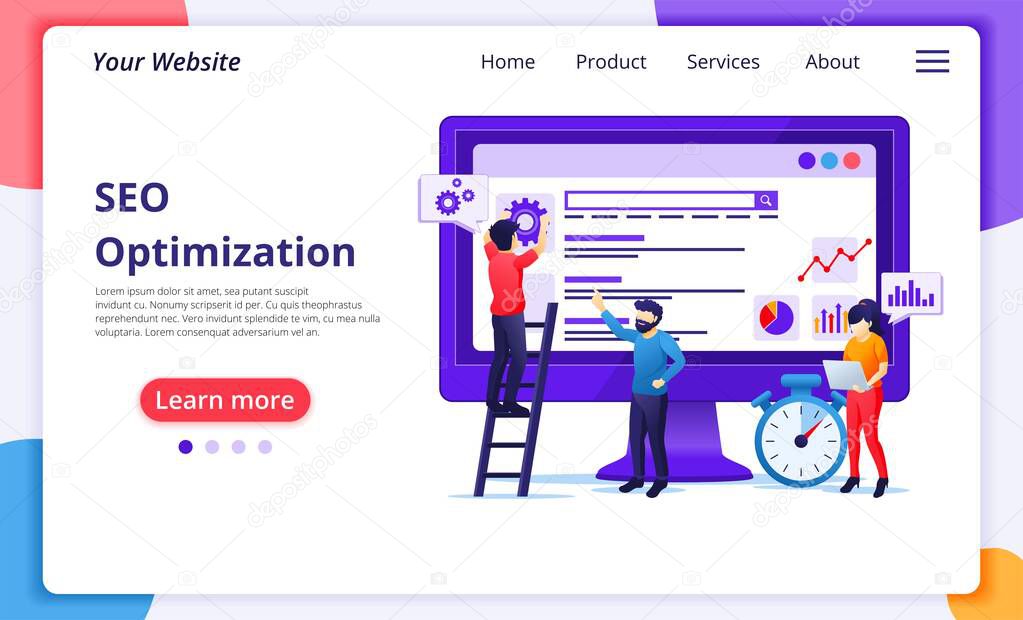 SEO Analysis concept with people work on screen. Search engine optimization, marketing and strategies. Modern flat web page design for website and mobile website development. Vector illustration