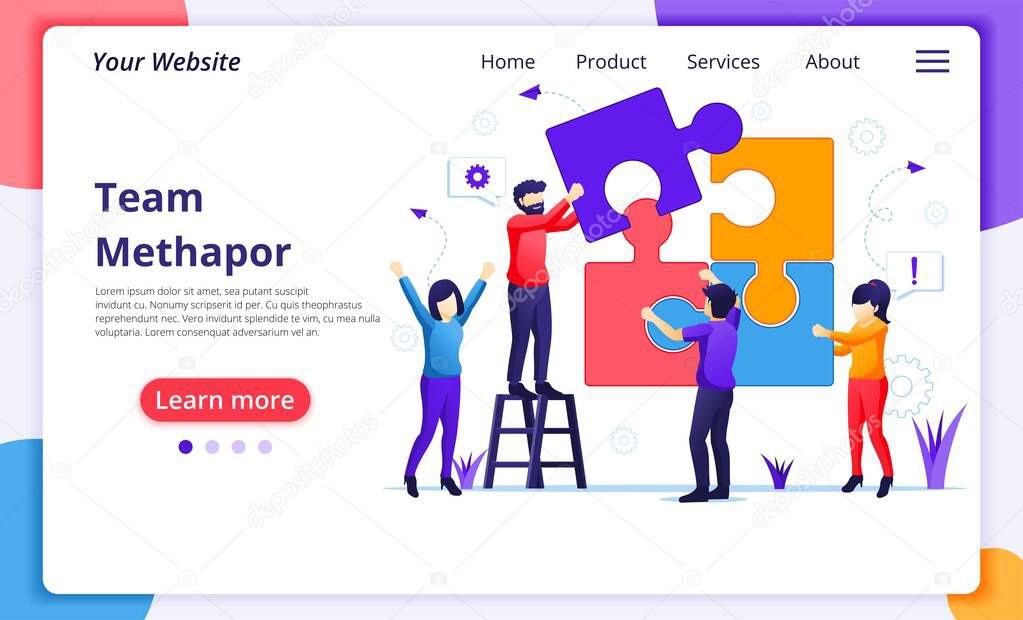 Team work concept, people connecting piece puzzle elements. business leadership, partnership. Modern flat web page design for website and mobile website development. Vector illustration