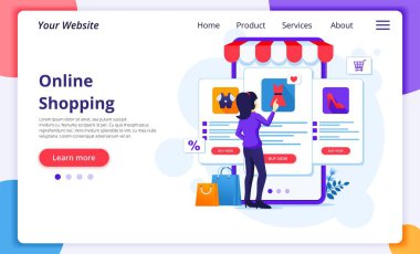 Çevrimiçi alışveriş konsepti, bir kadın çevrimiçi mobil uygulama mağazasından ürünleri seçer ve satın alır. Web sitesi ve mobil geliştirme için modern düz web sayfası tasarım şablonu. Vektör illüstrasyonu