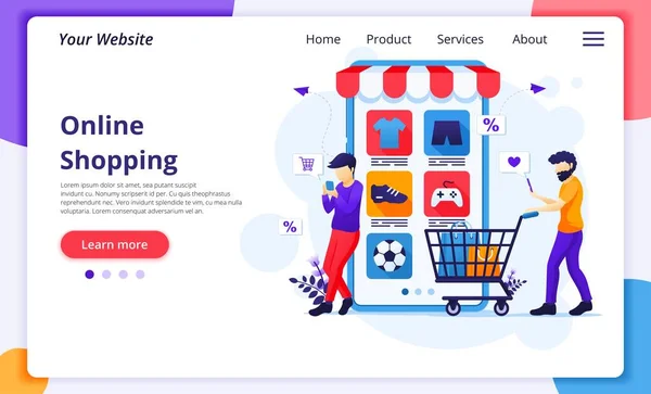 Çevrimiçi alışveriş konsepti, alışveriş arabası olan insanlar mobil uygulama mağazasından ürün satın alıyorlar. Web sitesi ve mobil geliştirme için modern düz web sayfası tasarım şablonu. Vektör illüstrasyonu