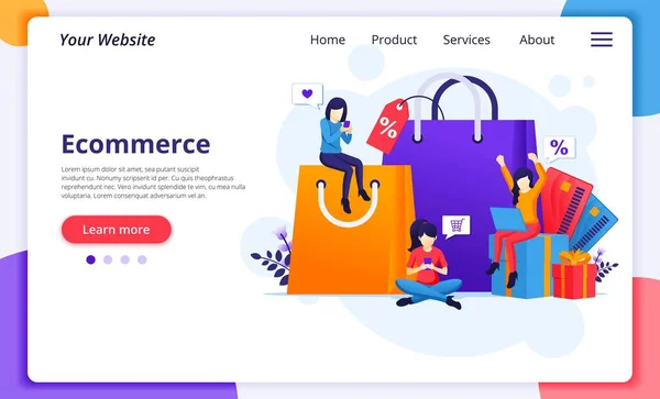 Çevrimiçi alışveriş konsepti, karakterlerle e-ticaret. Web sitesi ve mobil geliştirme için modern düz web sayfası tasarım şablonu. Vektör illüstrasyonu