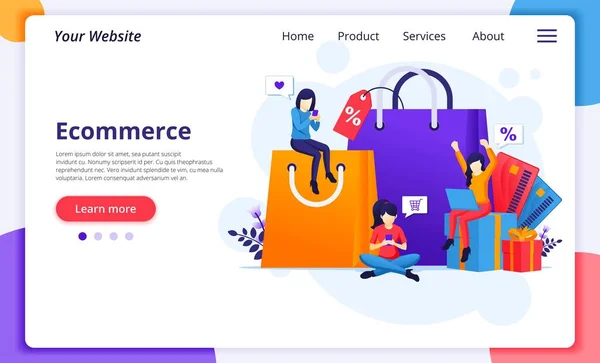 Concepto Compras Línea Comercio Electrónico Con Personajes Plantilla Diseño Página — Archivo Imágenes Vectoriales