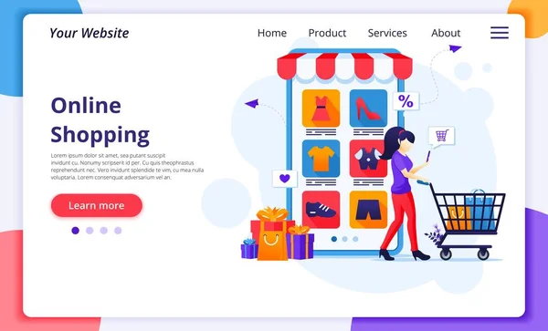 Concepto Compras Línea Una Mujer Joven Con Carrito Compra Productos — Archivo Imágenes Vectoriales