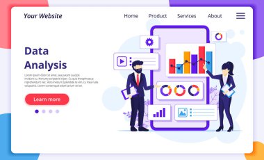 Veri analizi kavramı, insanlar büyük bir cep telefonunun önünde çalışır. Denetleme, finansal danışmanlık. Web sitesi ve mobil geliştirme için modern düz web sayfası tasarımı. Vektör illüstrasyonu