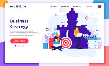 İş stratejisi konsepti. İnsanlar iş stratejisi konsepti planlıyor. Takım metaforu, hedef başarısı. Web sitesi ve mobil geliştirme için modern düz web sayfası tasarımı. Vektör illüstrasyonu