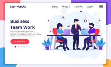 Ortak çalışma alanı kavramında takım çalışması, insanlar masa başında çalışır. Web sitesi ve mobil geliştirme için modern düz web sayfası tasarımı. Vektör illüstrasyonu