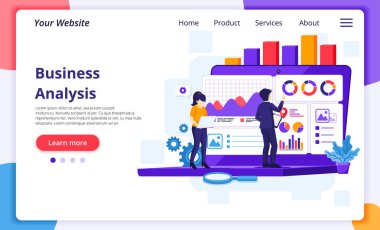 İş Analizi kavramı, insanlar büyük bir dizüstü bilgisayarın önünde çalışır. Denetleme, finansal danışmanlık. Web sitesi ve mobil geliştirme için modern düz web sayfası tasarımı. Vektör illüstrasyonu