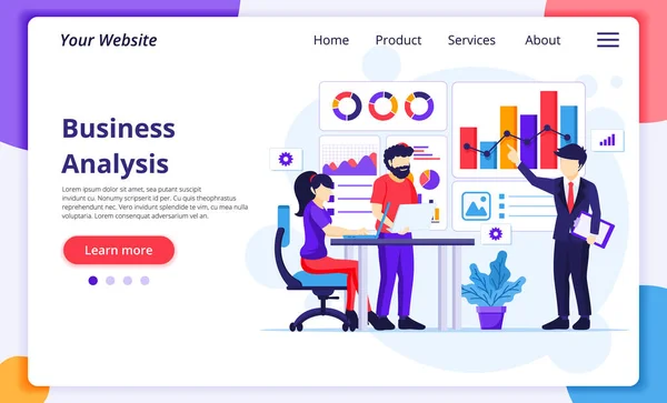 ビジネス分析の概念は 人々の机の上に座ってチャートやグラフィックデータの可視化で動作します ウェブサイトやモバイル開発のための近代的なフラットウェブページデザイン ベクターイラスト — ストックベクタ