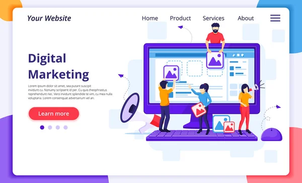 デジタルマーケティングの概念は 人々はプロダクトをオンラインで促進するためにコンテンツを置いている ウェブサイトやモバイル開発のための近代的なフラットウェブページデザイン ベクターイラスト — ストックベクタ